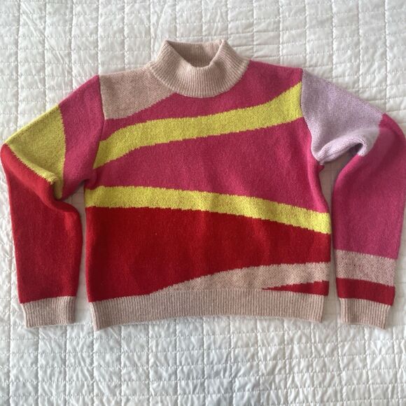 90s Revival Ciebon Colorblock Mock Neck Sweater Pink Abstract Cozy Knit Size S - Picture 1 of 12